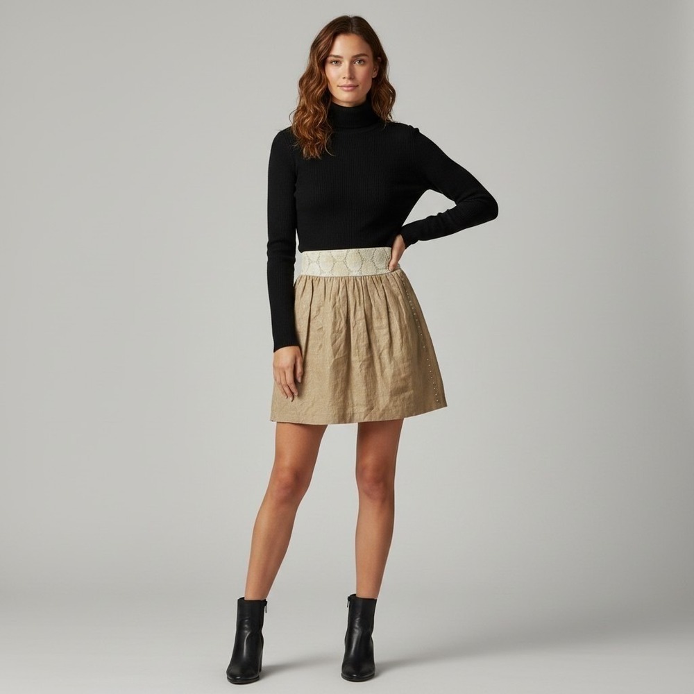 Anthropologie Lauren Moffatt Linen Lace Waist Mini gold Skirt Boho 
Minimalist 0